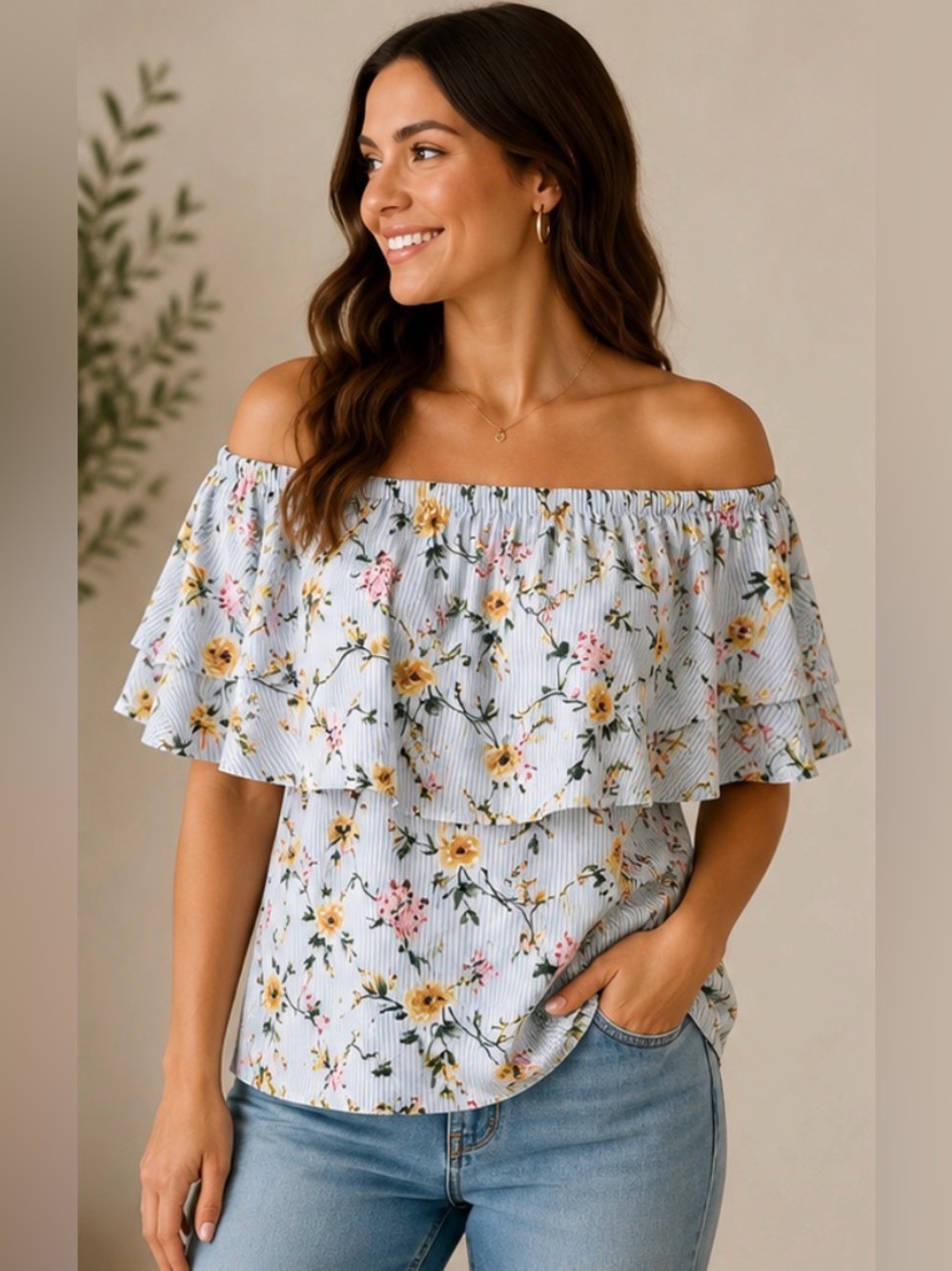 292 gimmicks by BKE Off Shoulder Floral Stripe Ruffle Top Cottagecore Boho Large